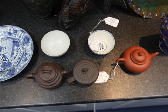 Two Arita tea bowls and a plate, 17th century and three Chinese Yixing pottery miniature teapots and covers, 20th century, (6) plate 20